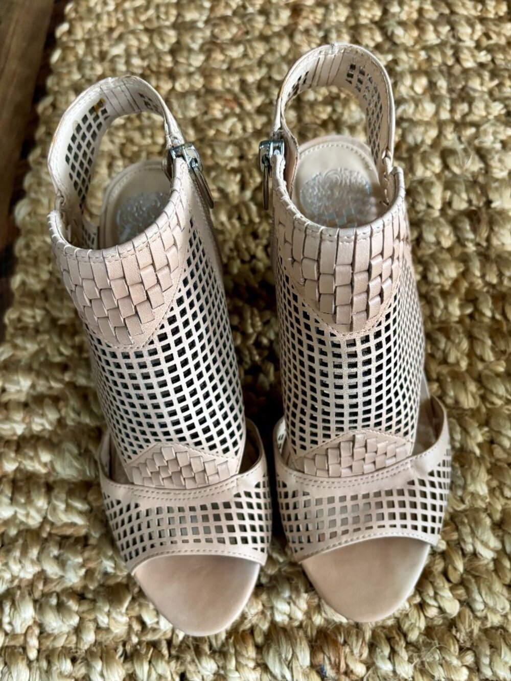 Vince Camuto Nude Leather Perforated Woven Block Heel Sandals